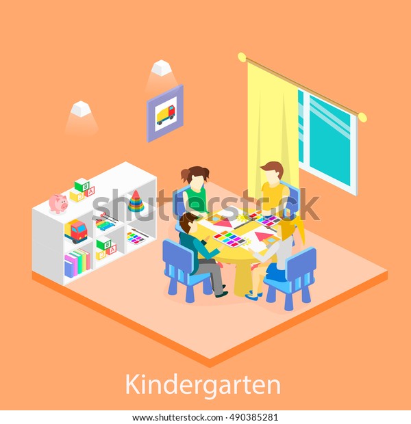 Isometric Interior Room Kindergarten Children Draw Stock