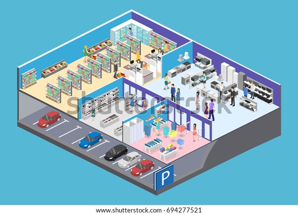 アイソメトリックインテリアショッピングモール 食料品店 コンピューター 家庭 機器店 フラット3dイラスト のイラスト素材