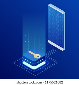 Isometric internet security lock transferring data from a smartphone to database concept. Hacking smartphone user database. Internet security shield business.