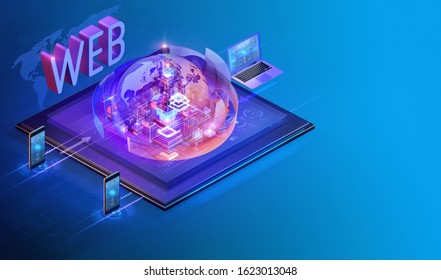 Isometric internet website interface background design. Web platform development, software programming business, big data analysis, management, marketing,consulting, media data, web design 3D template