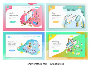 Isometric Landing Page Headers For Mobile E-commerce, Data Analysis Tools, Customer Retention, Marketing Automation.