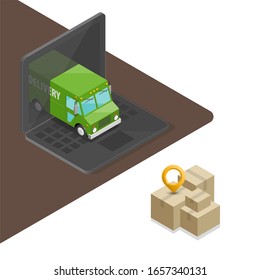 Isometric Laptop Logistics Order Delivery Van Banner. City Cargo Truck Transportation. Fast Delivery 3d Isometry Carrier Transport, Freight Loading Goods. Low Poly Style Isometry Vehicle Truck