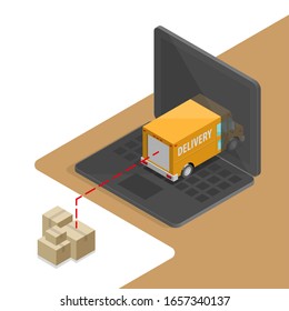 Isometric Laptop Logistics Order Delivery Van Banner. City Cargo Truck Transportation. Fast Delivery 3d Isometry Carrier Transport, Freight Loading Goods. Low Poly Style Isometry Vehicle Truck