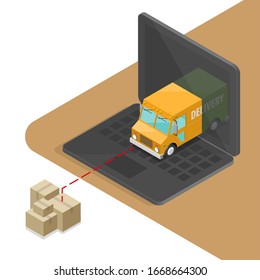 Isometric Laptop Logistics Order Delivery Van Banner. City Cargo Truck Transportation. Fast Delivery 3d Isometry Carrier Transport, Freight Loading Goods. Low Poly Style Isometry Vehicle Truck