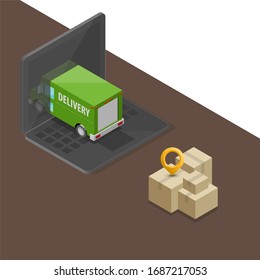 Isometric Laptop Logistics Order Delivery Van Banner. City Cargo Truck Transportation. Fast Delivery 3d Isometry Carrier Transport, Freight Loading Goods. Low Poly Style Isometry Vehicle Truck