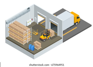 Isometric large modern warehouse with forklifts and truck. Interior of a modern warehouse in time with the staff. Warehouse and storage flat isolated illustration.