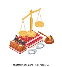 Isometric Law And Justice Concept. 3D Scale Of Justice, Mallet, Law Book And Judge Isolated On White Background