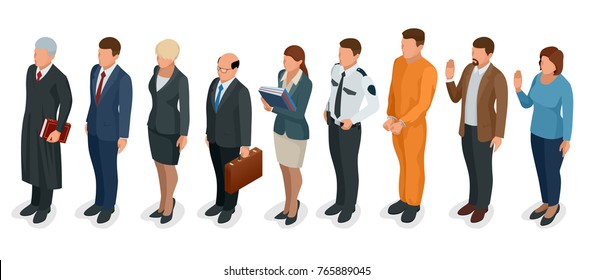 Isometric Law And Justice. People Present In Court Judge, Clerk, Translator, Lawyer, Witness, Plaintiff, Defendant, Stenographer, Prosecutor, Defendant, Police Officer  Illustration