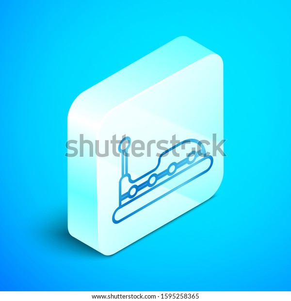 Isometric line Bumper car icon isolated on blue\
background. Amusement park. Childrens entertainment playground,\
recreation park. Silver square button.\
