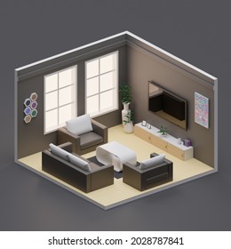 Isometric living room open inside interior architecture 3d rendering

