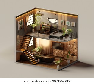 Isometric Living room open inside interior architecture 3d rendering
