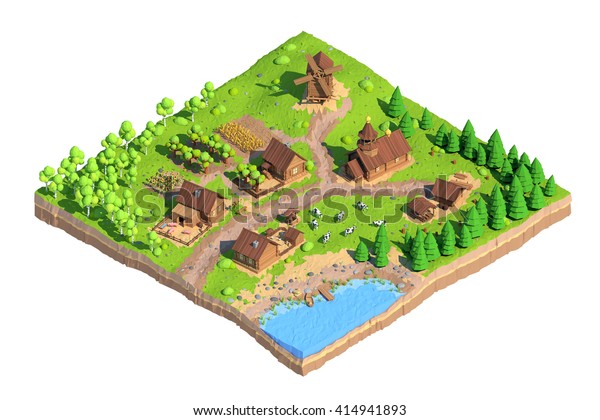 Isometric Low Poly Village 3d Rendering Stock Illustration 414941893