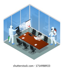 Isometric man wearing a protective suit disinfects office workspace with a spray gun. Virus pandemic COVID-19. Prevention against Coronavirus disease COVID-19.