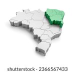 Isometric map of Brazil with emphasis on the Northeast region isolated on white background. 3D Illustration