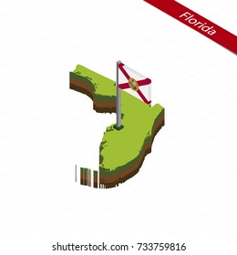 Isometric map and flag of Florida. 3D isometric shape of Florida State. Raster copy.