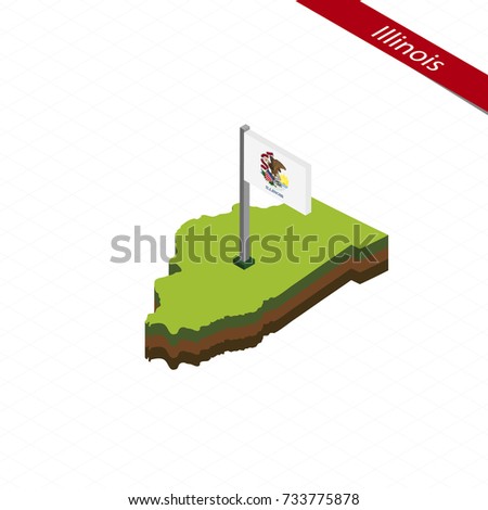 Isometric map and flag of Illinois. 3D isometric shape of Illinois State. Raster copy.