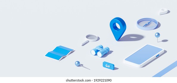 Isometric of map and location pin or navigation icon sign on white background with search concept. 3D rendering.