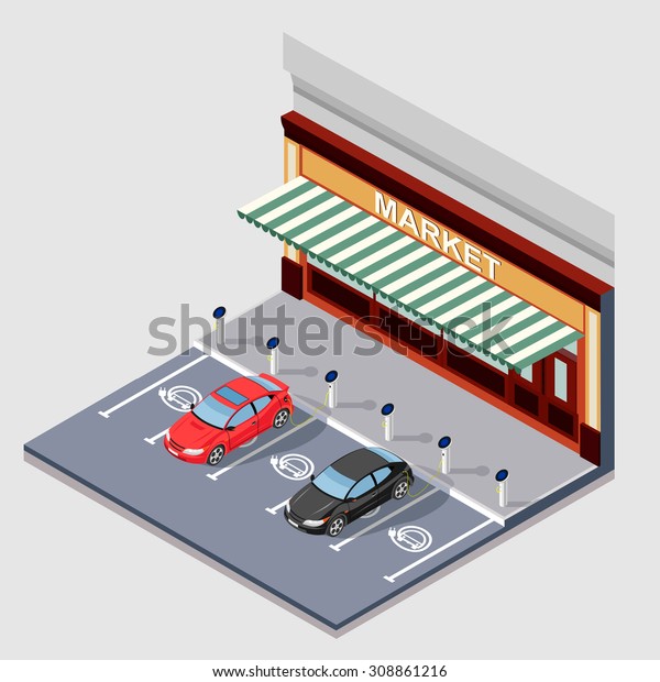 isometric market with\
Electronic car\
parking