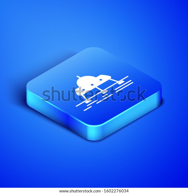 Isometric Mars rover icon isolated on\
blue background. Space rover. Moonwalker sign. Apparatus for\
studying planets surface. Blue square button.\
