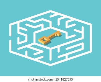 Isometric maze with gold key inside, in centre of it, on turquoise blue. Solution, problem, challenge, security, treasure concept. Flat design. 3d illustration. Raster copy