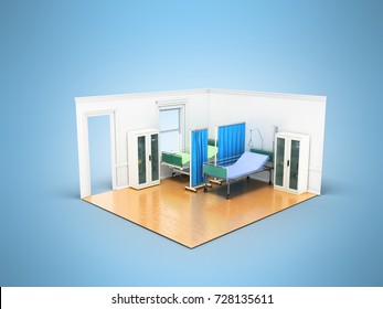 Isometric Medical Room With Two Beds For Help A Locker With Medicines 3D Render On Blue Background