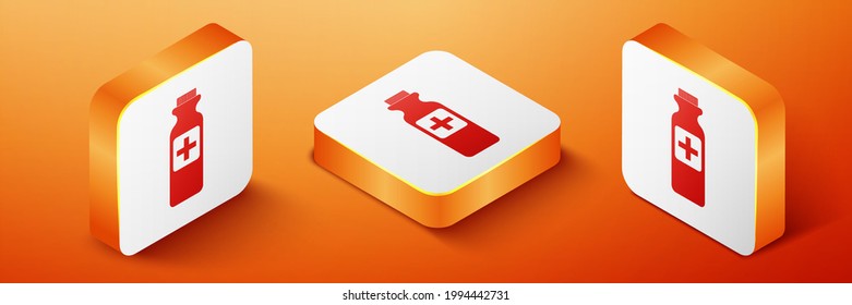 Isometric Medicine Bottle Icon Isolated On Orange Background. Bottle Pill Sign. Pharmacy Design. Orange Square Button.