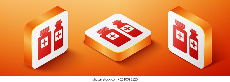 Isometric Medicine Bottle Icon Isolated On Orange Background. Bottle Pill Sign. Pharmacy Design. Orange Square Button..