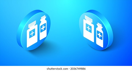 Isometric Medicine Bottle Icon Isolated On Blue Background. Bottle Pill Sign. Pharmacy Design. Blue Circle Button. .