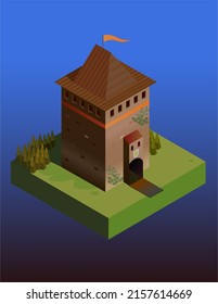 Isometric Medieval Castle Tower With Gate And Drawbridge, 3d Illustration