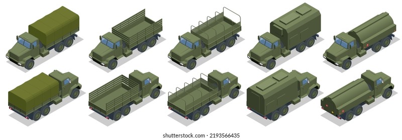 Isometric Military Heavy Truck. Military Green Army Vehicle Isolated Military Heavy Truck On White Background