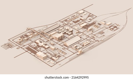 Isometric mining map. Industrial complex with conveyors, buildings, pipeline and tanks. 3d model of the factory. Top view of the plant. Mining and processing plant project. 3d illustration