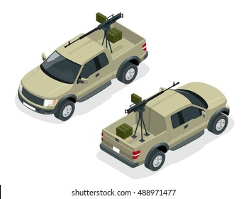 Isometric Model Of Pickup Truck Armed With Machine Gun. 