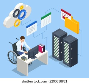 Isometric modern cloud technology and networking concept. Web cloud technology business. Internet data services. People with disability, person who uses a wheelchair, wheelchair user