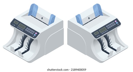 Isometric Money Counting Machine. LED Display Shows The Count Of The Bills. Digital Electronic Money Counter Currency Counting Machines With Automatic Fake Note Detection. Large Amounts Of Money