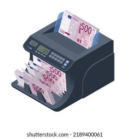 Isometric Money Counting Machine. LED Display Shows The Count Of The Bills. Digital Euro EUR Electronic Money Counter Currency Counting Machines With Automatic Fake Note Detection