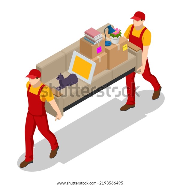 Isometric Moving Company Worker Carrying Boxes and
Furniture, Truck Delivering. Delivery Truck Full of Home Stuff
Inside. Moving to New House. Boxes with Goods. Man with Cardboard
Boxes.