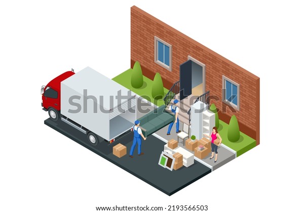 Isometric Moving Company Worker Carrying Boxes and\
Furniture, Truck Delivering. Delivery Truck Full of Home Stuff\
Inside. Moving to New House. Boxes with Goods. Man with Cardboard\
Boxes.