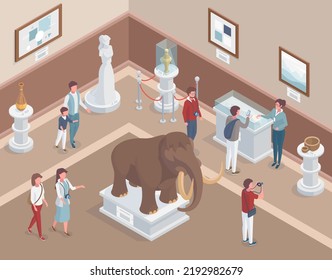 Isometric Museum Interior, History Exposure, Ancient Exhibits. Museum Room With Visitors And Guides  Illustration. Mammont, Ancient Vases And Statues. History Exposure Museum