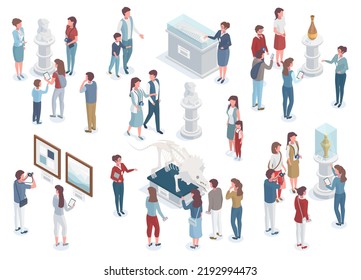 Isometric Museum Tour, Exhibition Visitors And Curator Characters. Guides Show Tourists Ancient Artifacts  Illustration Set. Art Objects And Antique Statue. Museum Exhibition Gallery