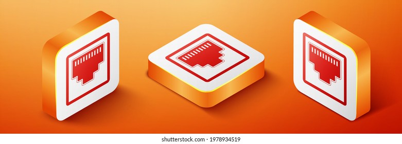 Isometric Network Port - Cable Socket Icon Isolated On Orange Background. LAN Port Icon. Ethernet Simple Icon. Local Area Connector Icon. Orange Square Button.