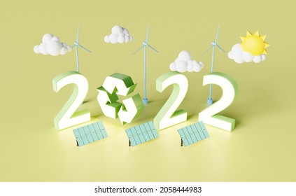 isometric new year 2022 sign with solar panels, wind turbines and recycling symbol. concept of environment, climate change and new year's resolutions. 3d rendering