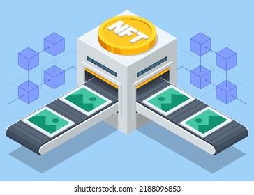 Isometric NFT Non-fungible Token Is A Unique And Non-interchangeable Unit Of Data Stored On A Digital Ledger Blockchain. Digital Art NFTs, Generative Art