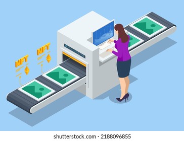 Isometric NFT Non-fungible Token Is A Unique And Non-interchangeable Unit Of Data Stored On A Digital Ledger Blockchain. Digital Art NFTs, Generative Art