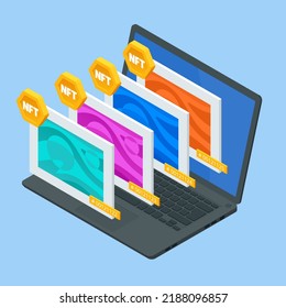 Isometric NFT Non-fungible Token Is A Unique And Non-interchangeable Unit Of Data Stored On A Digital Ledger Blockchain. Digital Art NFTs, Generative Art