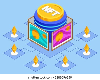 Isometric NFT Non-fungible Token Is A Unique And Non-interchangeable Unit Of Data Stored On A Digital Ledger Blockchain. Digital Art NFTs, Generative Art