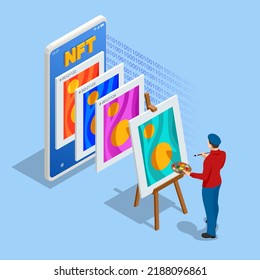 Isometric NFT Non-fungible Token Is A Unique And Non-interchangeable Unit Of Data Stored On A Digital Ledger Blockchain. Digital Art NFTs, Generative Art