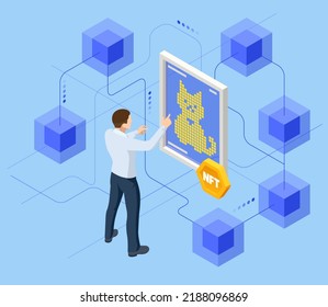 Isometric NFT Non-fungible Token Is A Unique And Non-interchangeable Unit Of Data Stored On A Digital Ledger Blockchain. Digital Art NFTs, Generative Art