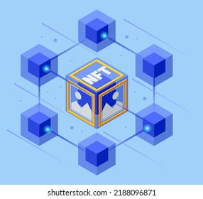 Isometric NFT Non-fungible Token Is A Unique And Non-interchangeable Unit Of Data Stored On A Digital Ledger Blockchain. Digital Art NFTs, Generative Art