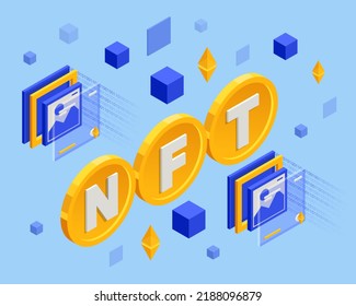 Isometric NFT Non-fungible Token Is A Unique And Non-interchangeable Unit Of Data Stored On A Digital Ledger Blockchain. Digital Art NFTs, Generative Art