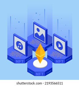 Isometric NFT Non-fungible Token Is A Unique And Non-interchangeable Unit Of Data Stored On A Digital Ledger Blockchain. Digital Art NFTs, Generative Art